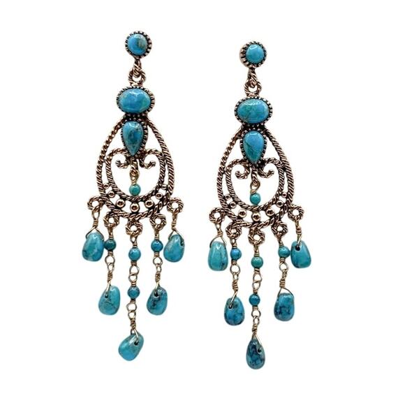 Barse Vintage Gold Filled And Turquoise Chandelier Dangling Studs Earrings 3” - Picture 2 of 6